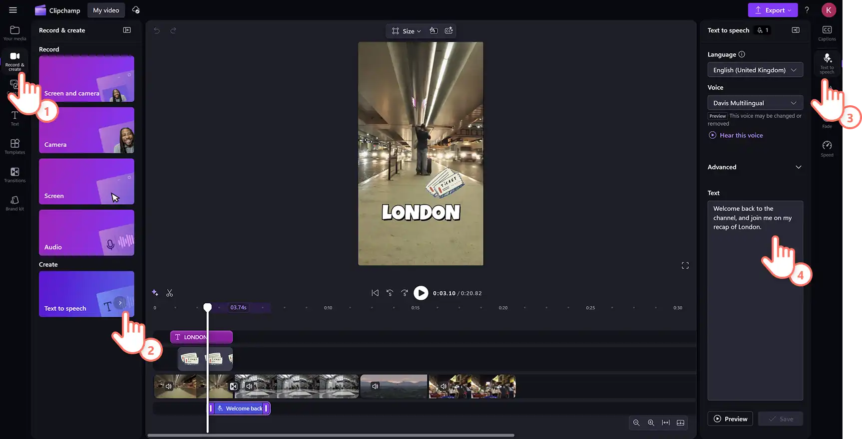 Użytkownik dodaje głos lektora AI do filmu z najważniejszymi momentami podróży w edytorze wideo Clipchamp. 