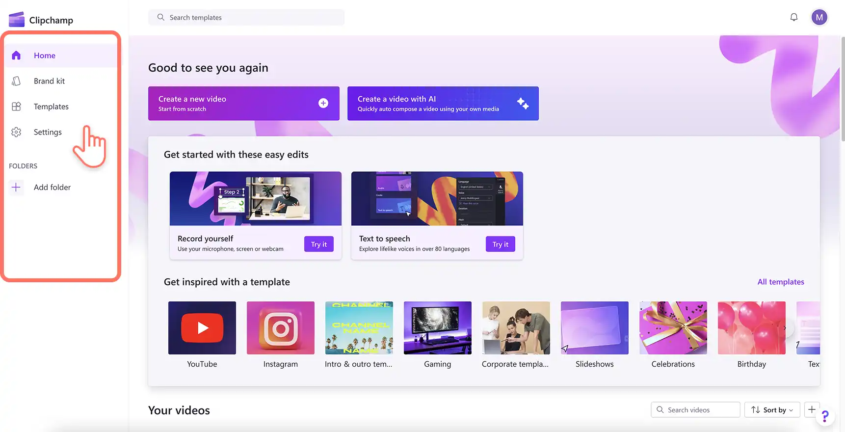 用户正在导航到 Clipchamp 应用主页
