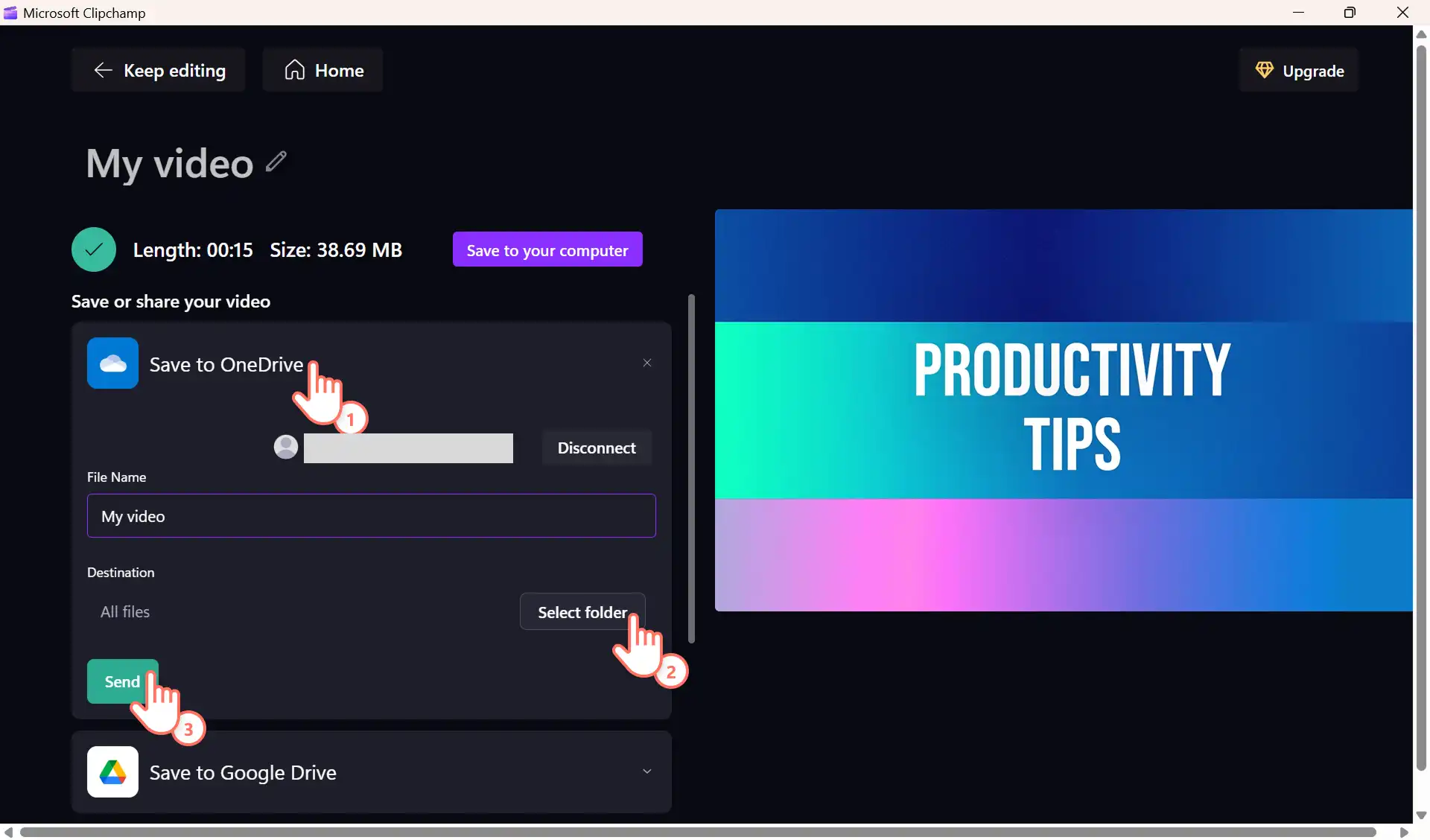 Un usuario guardando un vídeo de Clipchamp en OneDrive