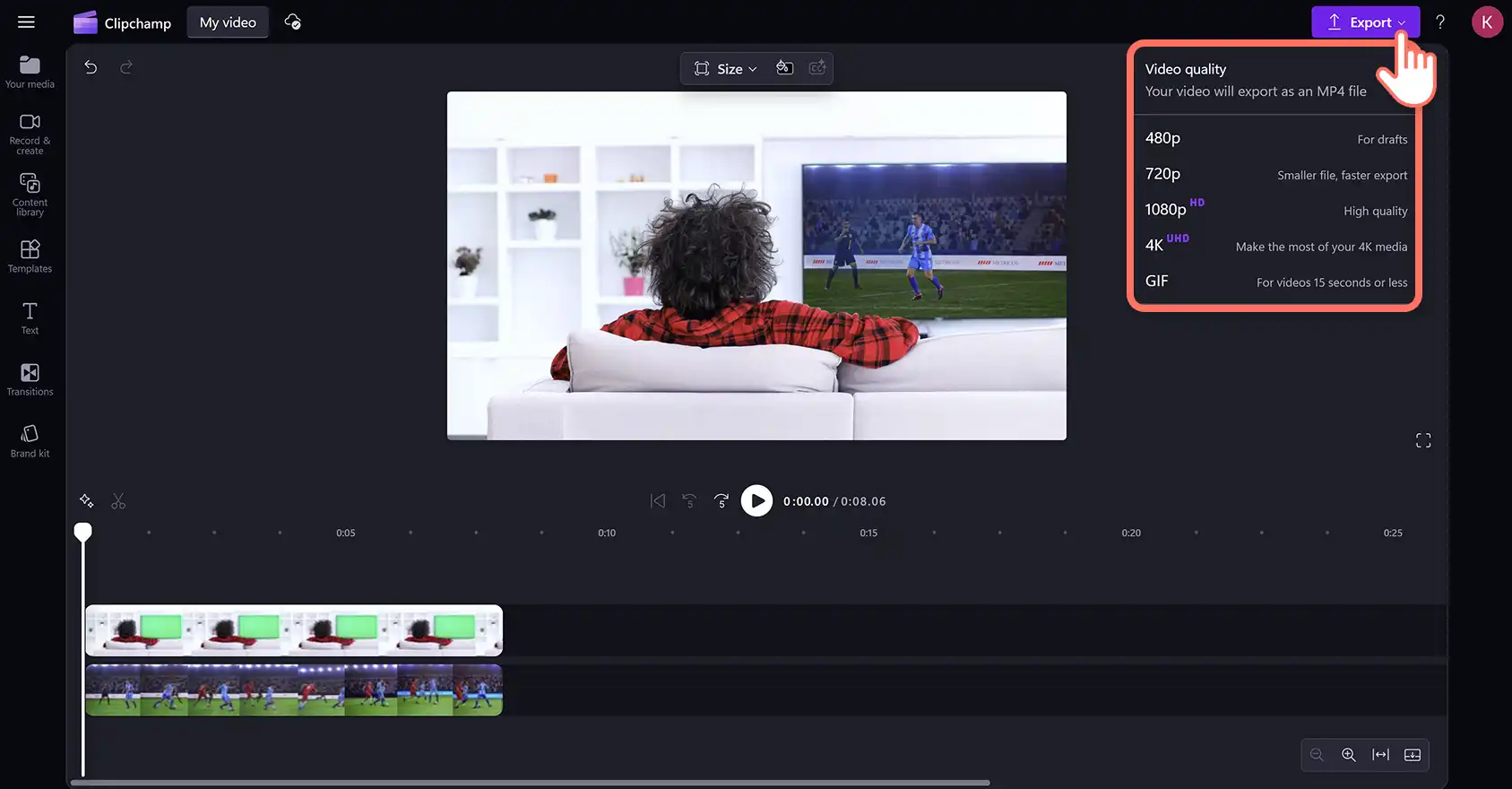 Clipchamp 동영상 편집기에서 그린 스크린 동영상을 내보내는 사용자. 