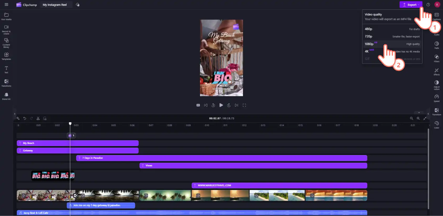 Người dùng Clipchamp đang xuất video Instagram Reel của mình ở độ phân giải HD 1080p.