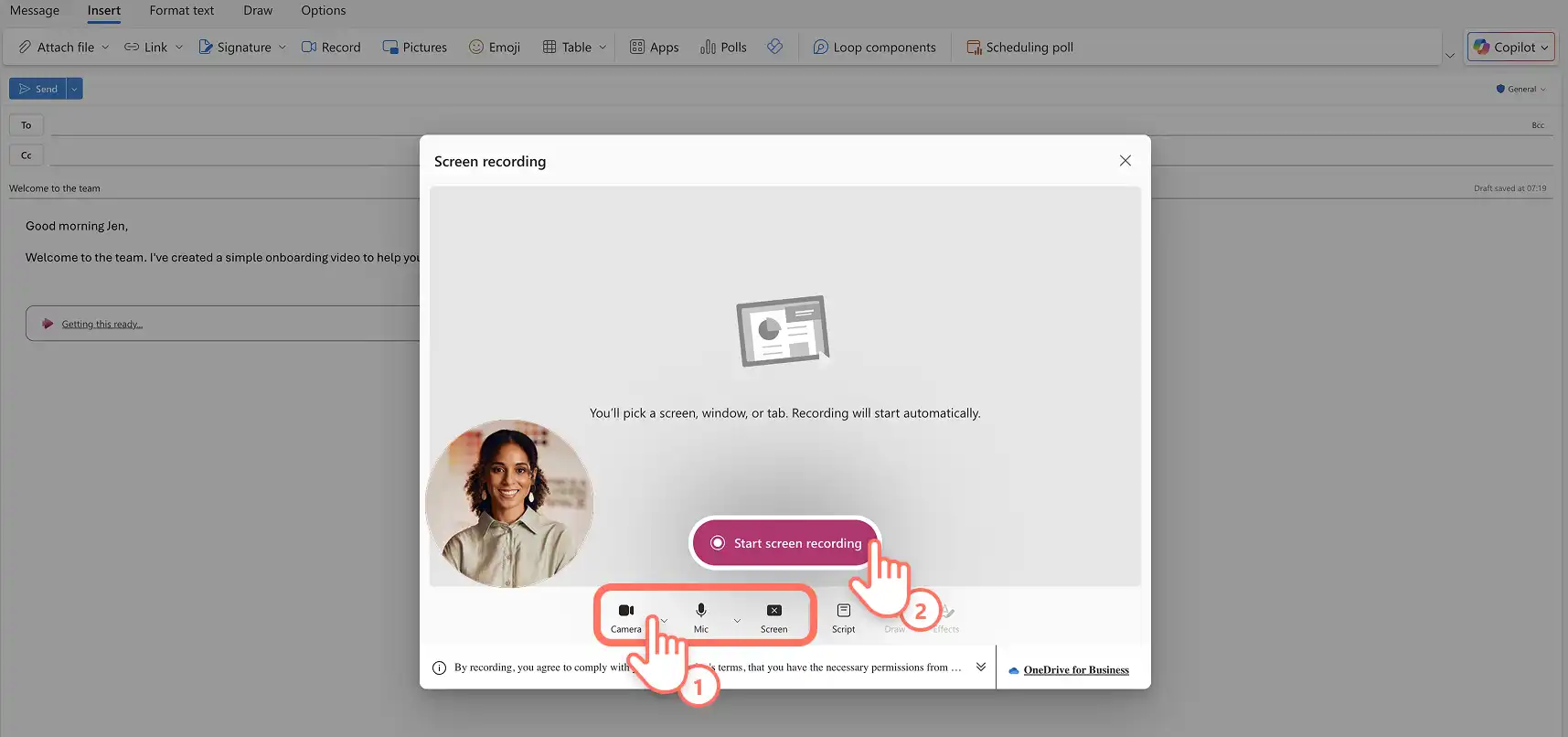 Usuário criando uma gravação de tela e câmera no Outlook