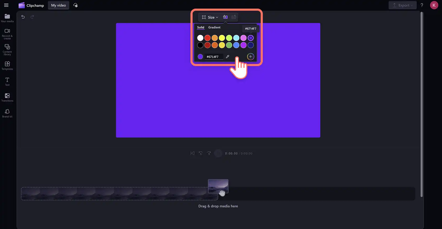Một người dùng đang thêm nền màu vào video bằng cách sử dụng thanh công cụ lơ lửng trong trình biên tập video Clipchamp