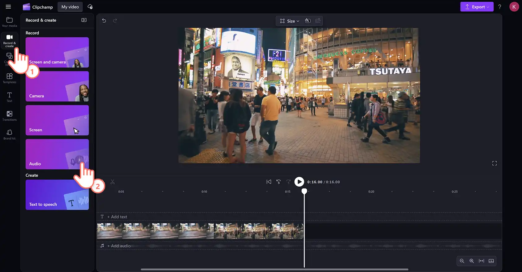 Een gebruiker maakt een stemopname in de Clipchamp-video-editor.