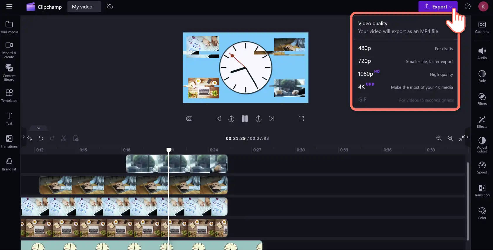 En bruger, der eksporterer en video, som indeholder videoer og billeder fra samlinger i Clipchamp.