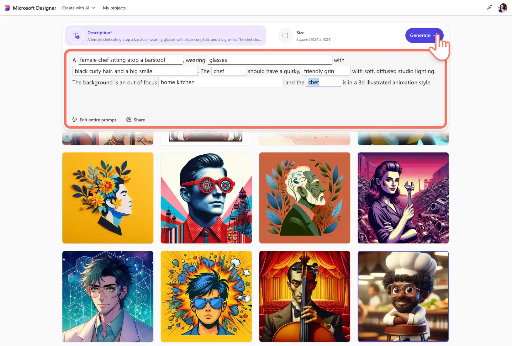 Pengguna mengedit perintah AI untuk membuat avatar