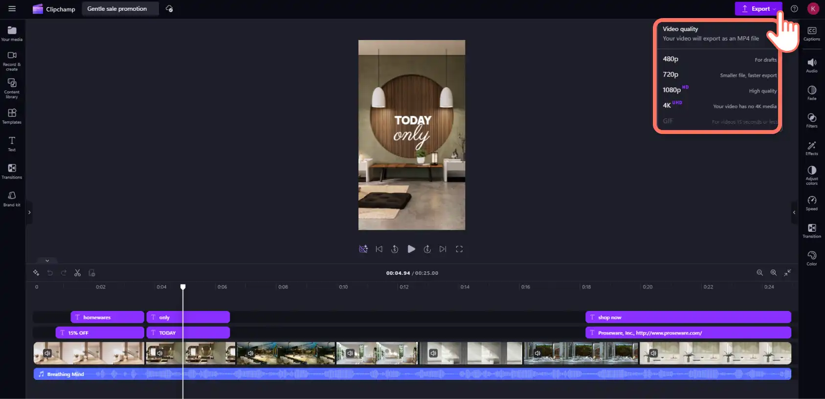 Ein Benutzer, der eine Instagram-Videoanzeige in Clipchamp exportiert. 