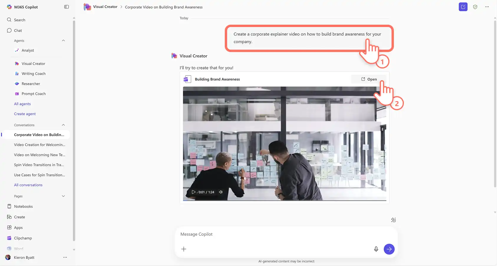 Użytkownik tworzący korporacyjny film informacyjny za pomocą Kreatora Graficznego w funkcji Microsoft Copilot.