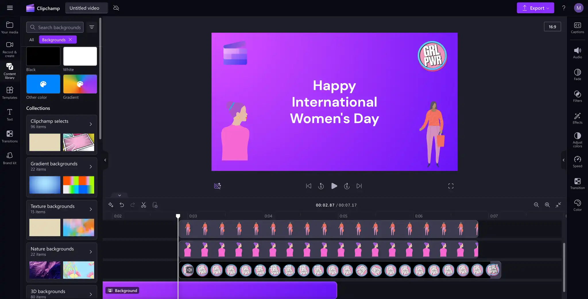 Ejemplo de fondo de reunión en línea del Día Internacional de la Mujer en Clipchamp