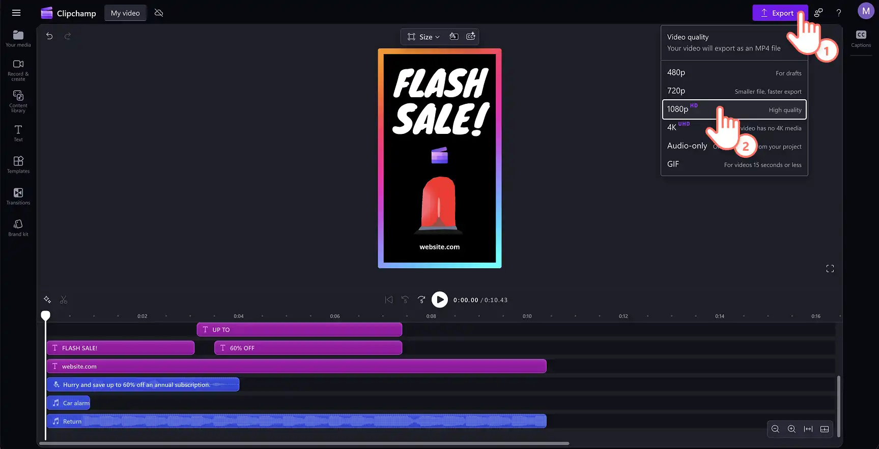 An image of a Clipchamp user exporting their Facebook Story video.