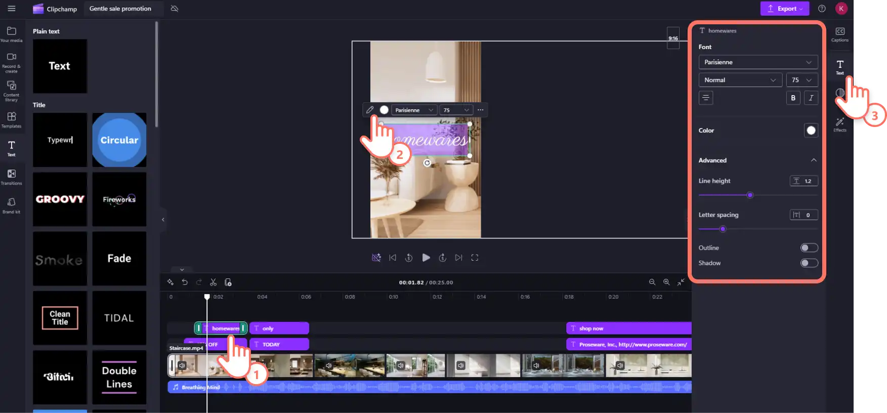 Ein Benutzer, der den Text in einer Instagram-Videoanzeigenvorlage in Clipchamp. 