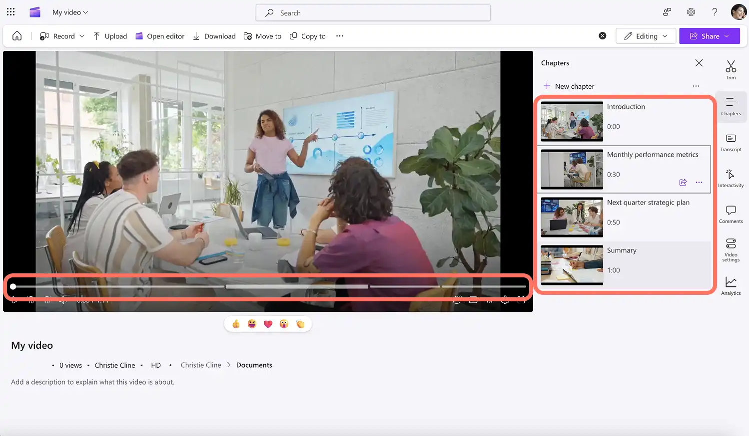 Пользователь нажимает на главу видео в Clipchamp.