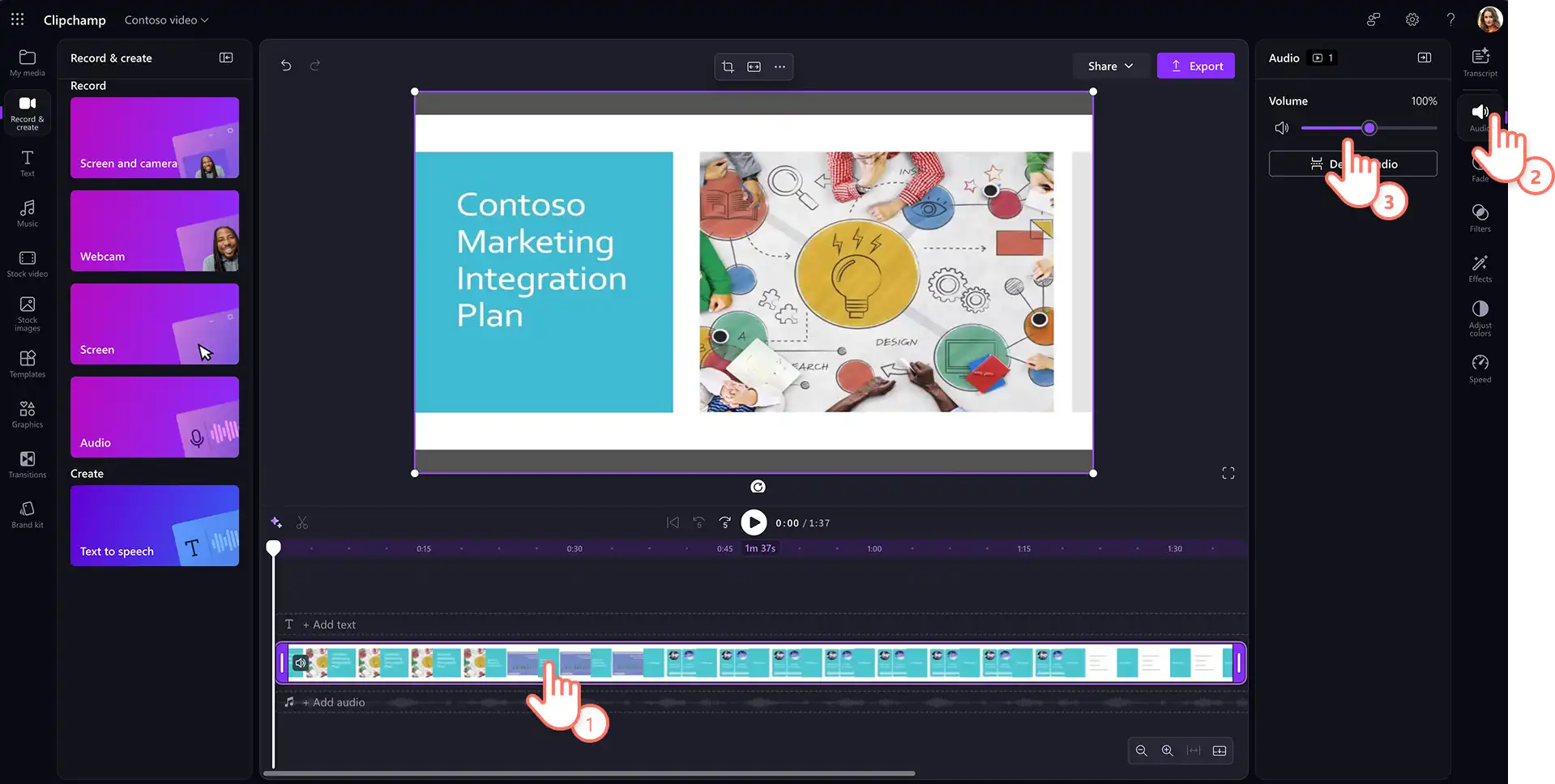 ผู้ใช้กำลังเพิ่มระดับเสียงของการบันทึกเสียงใน Clipchamp สำหรับงาน