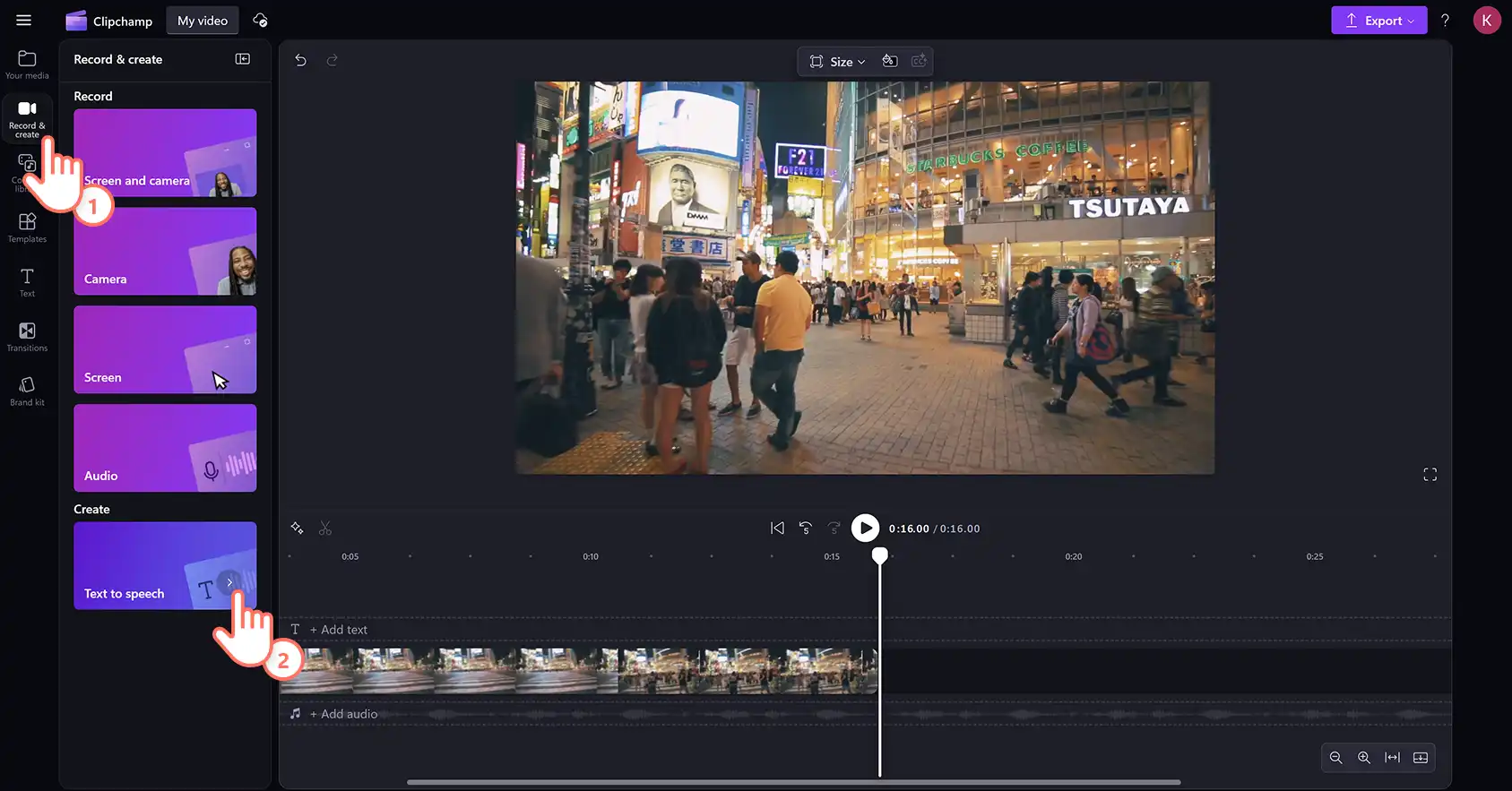 Een gebruiker voegt een AI-voice-over toe aan de tijdlijn in de Clipchamp-video-editor. 