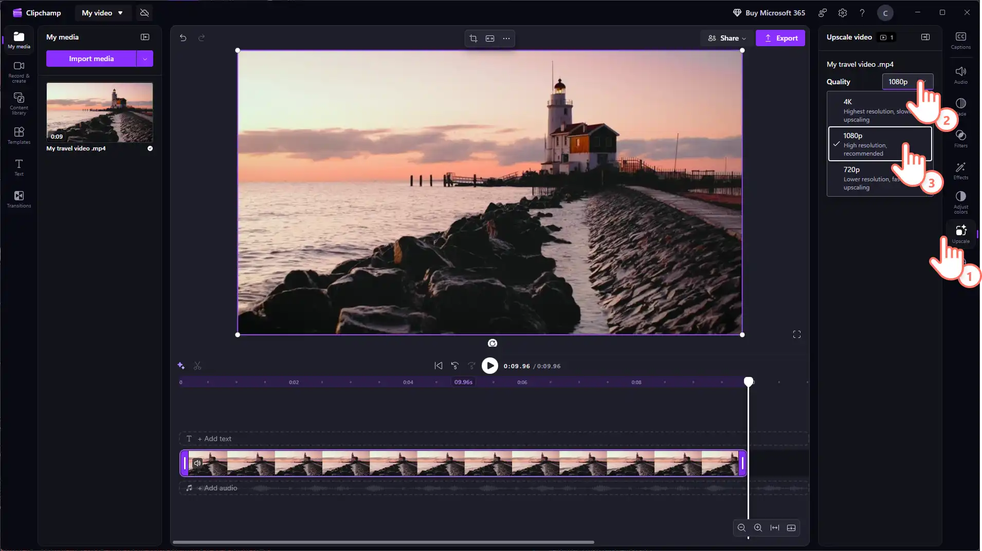 Windows 用 Clipchamp アプリで [アップスケール] タブに移動し、動画の解像度を選択します