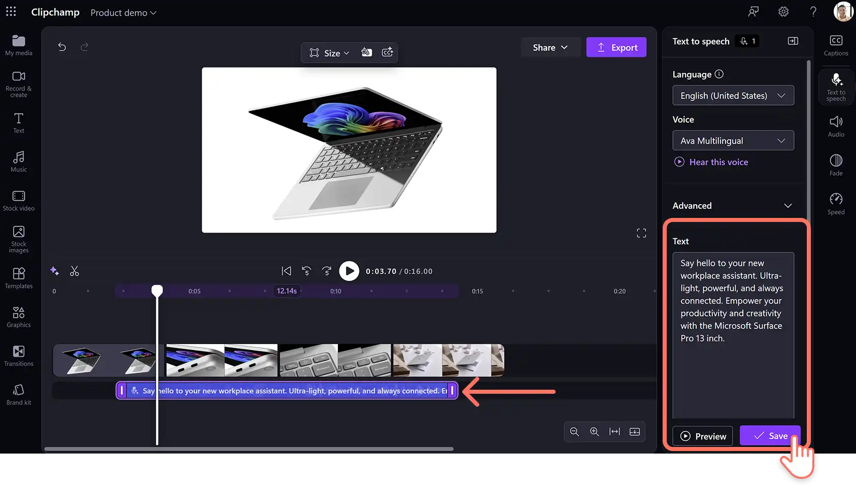 A user typing and saving an AI voiceover using the speech to text generator in Clipchamp for work.