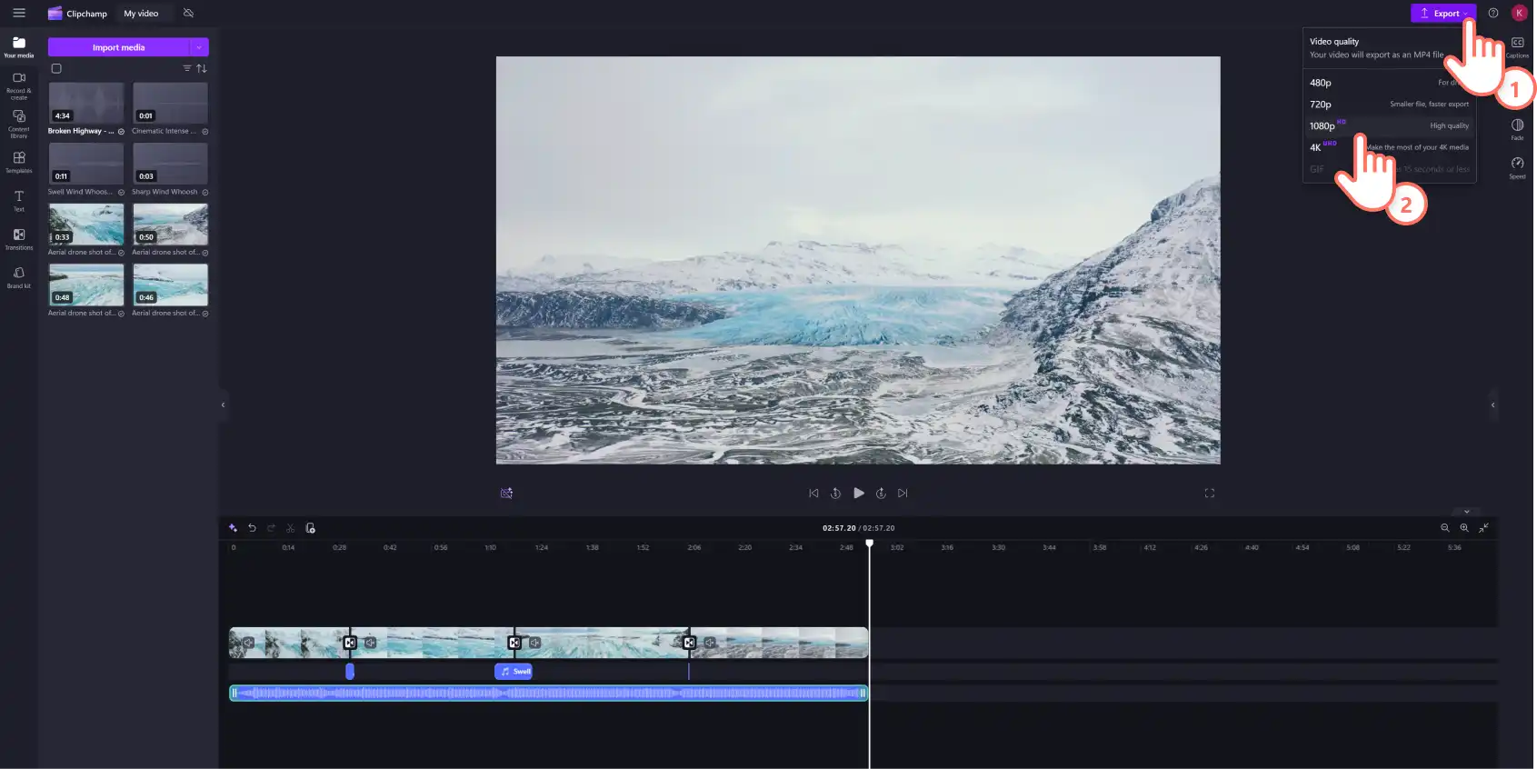 Salvarea unui videoclip în Clipchamp la rezoluția de 1080p