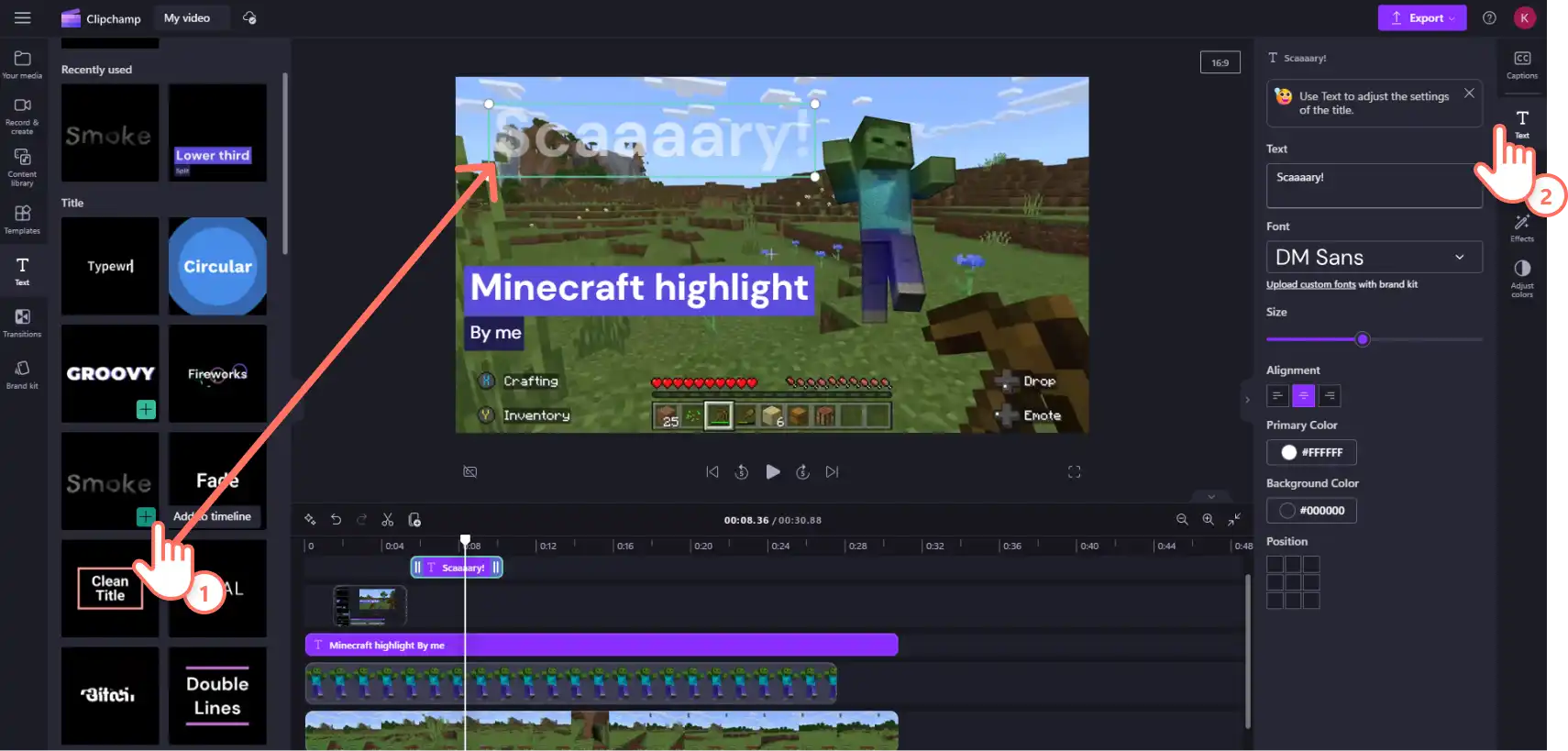 An image of a Clipchamp user adding animated text to their video.