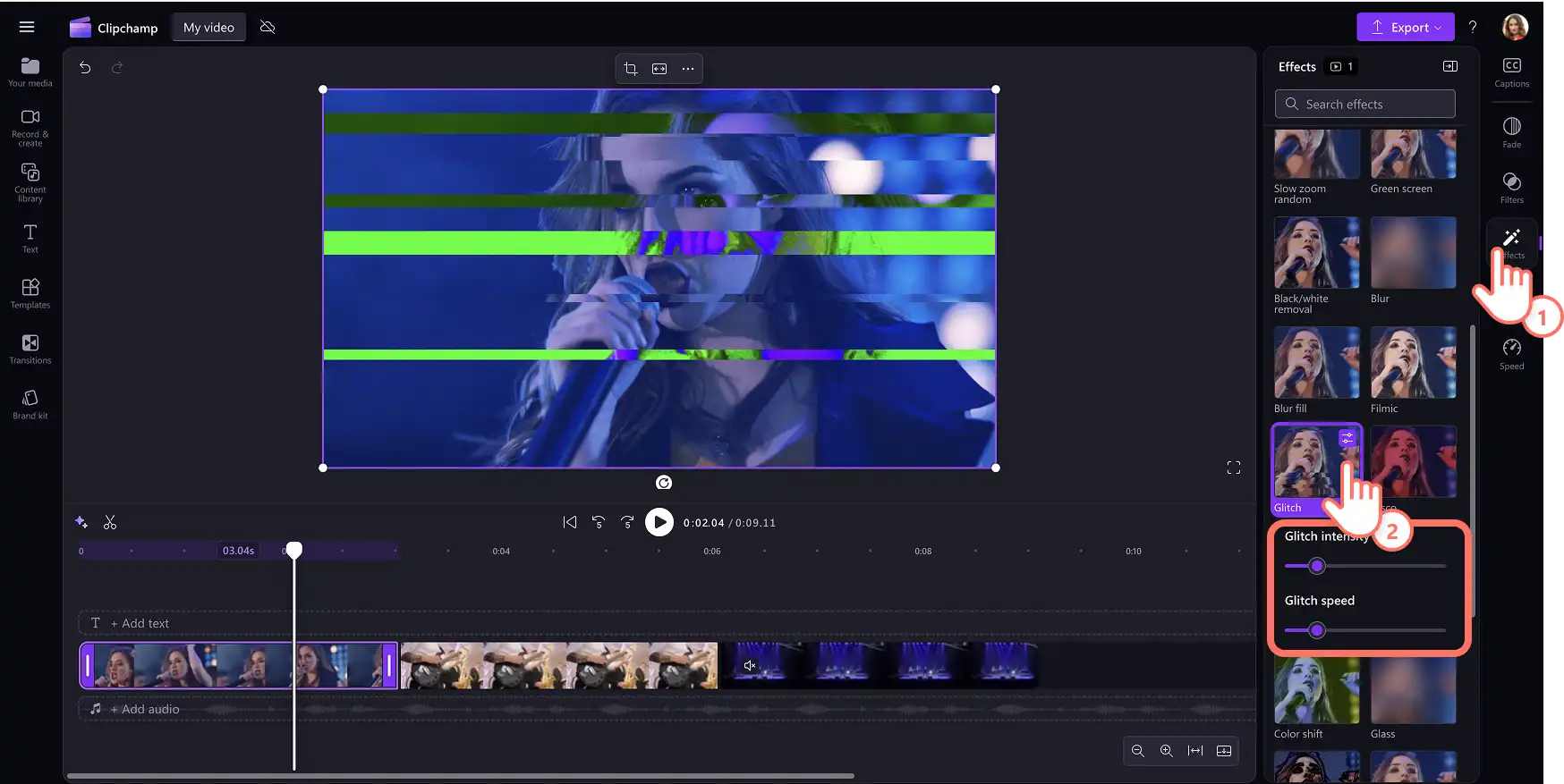 Imagem de um usuário clicando na guia de efeitos no painel de propriedades e selecionando o efeito de vídeo estático.