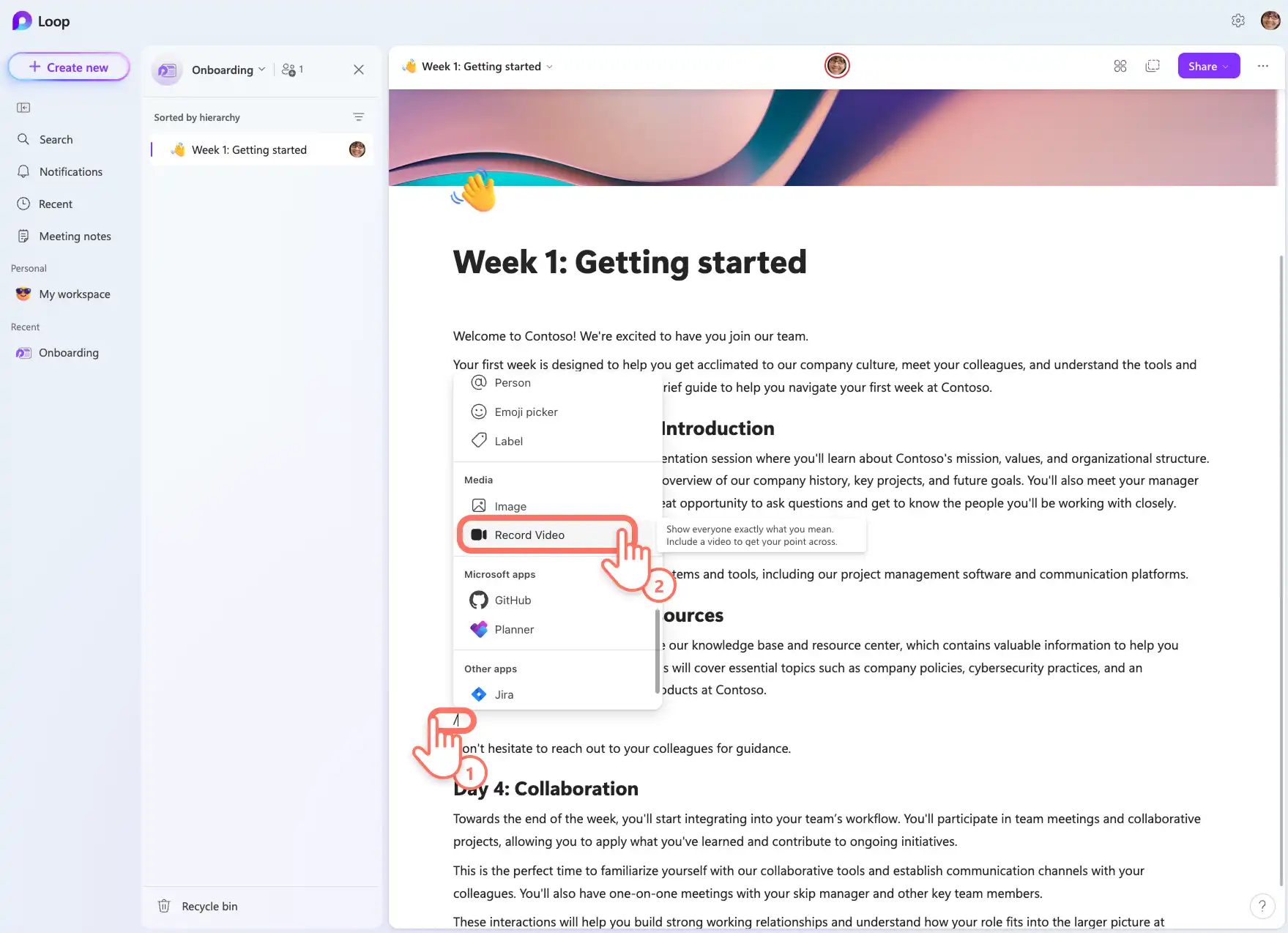 Pengguna mencari menu temukan di Microsoft Loop untuk mulai merekam video