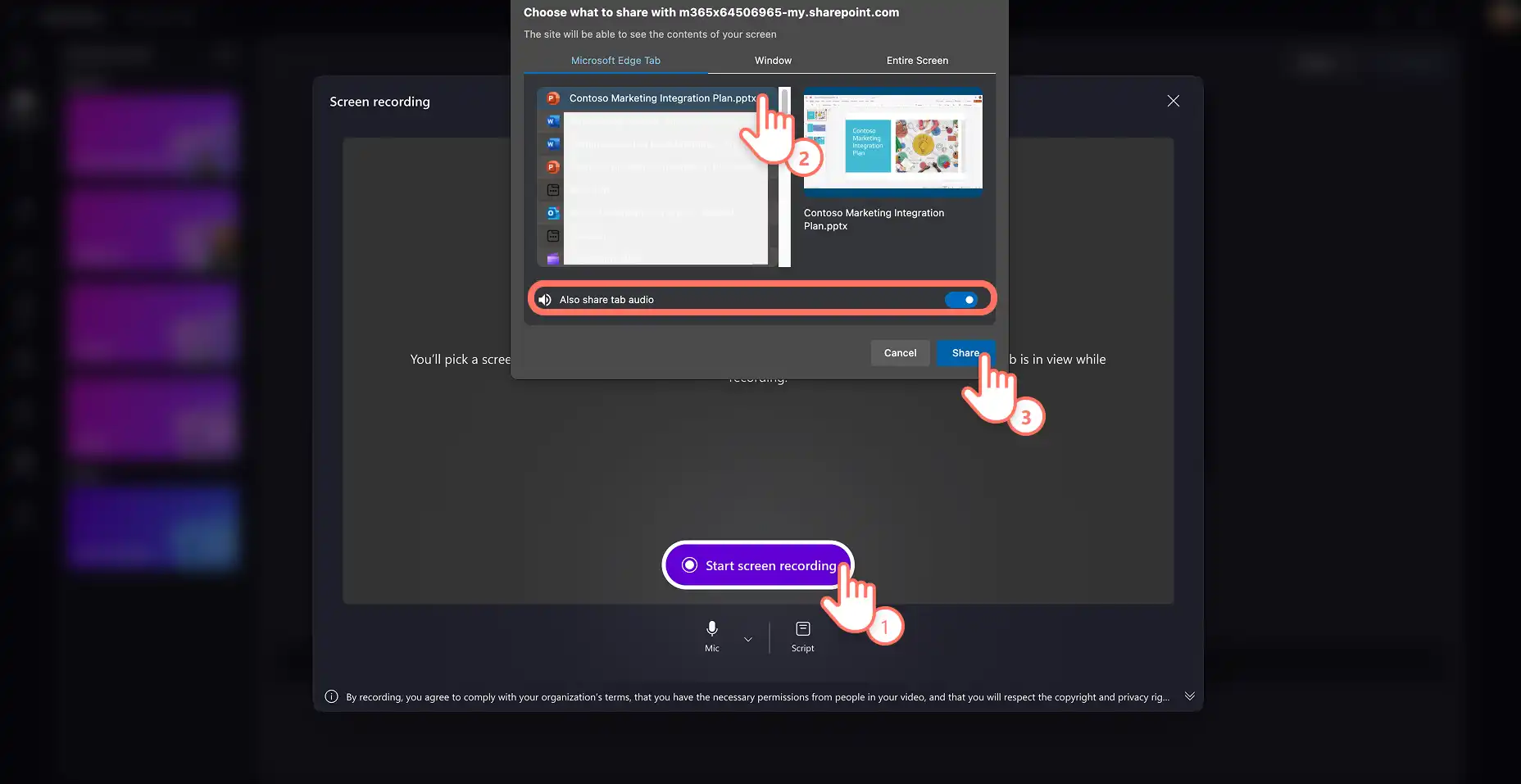 ผู้ใช้กำลังเปิดใช้งานสิทธิ์การบันทึกหน้าจอใน Clipchamp สำหรับงาน
