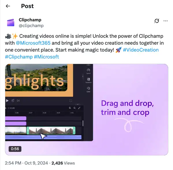 Contoh posting video Twitter yang menunjukkan promo video Clipchamp
