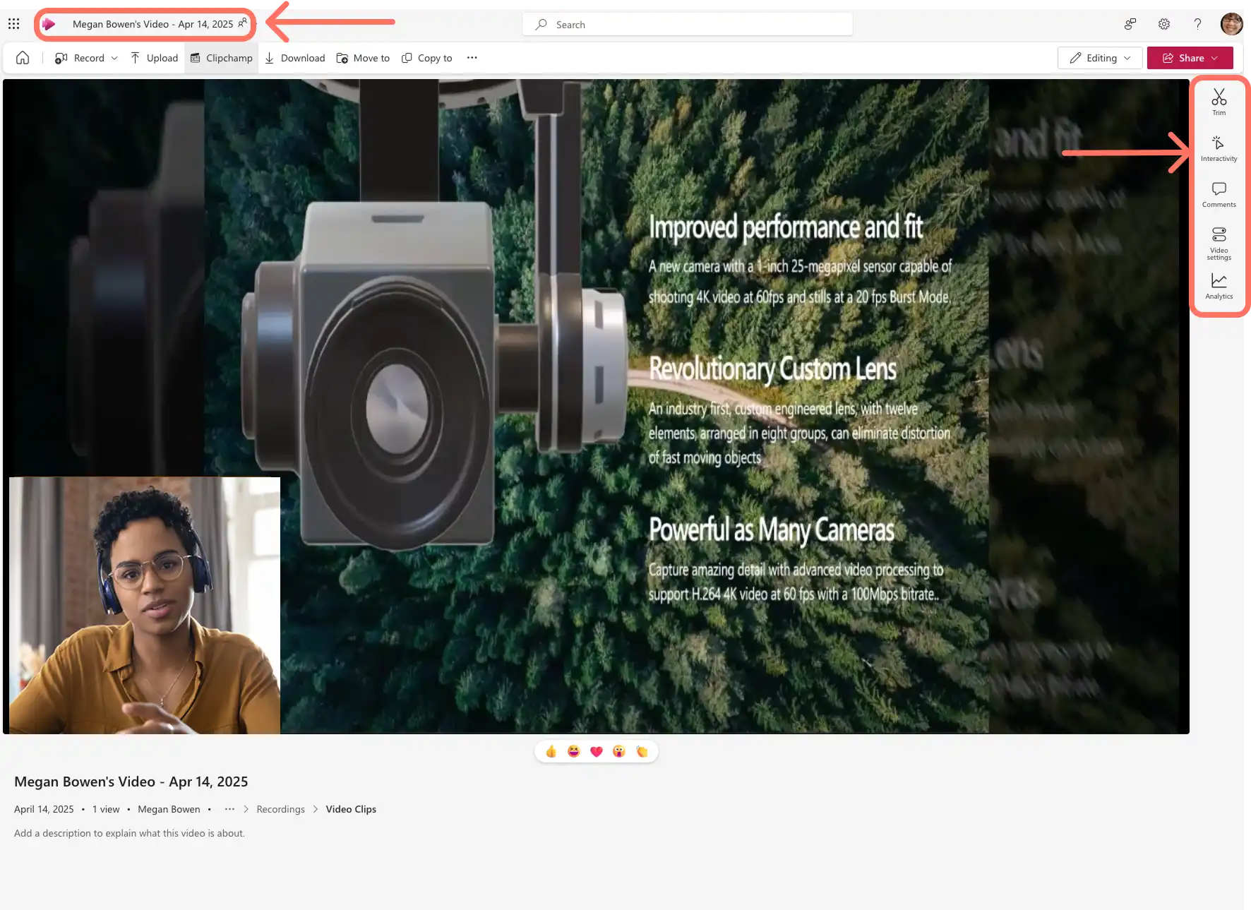 Pengguna mengubah judul video dan menambahkan tombol interaktif ke video Microsoft Loop