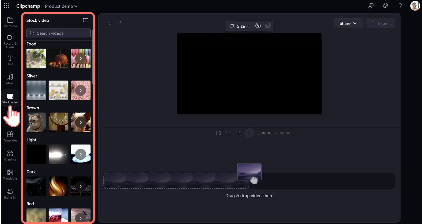 A user searching for stock media in Clipchamp for work.