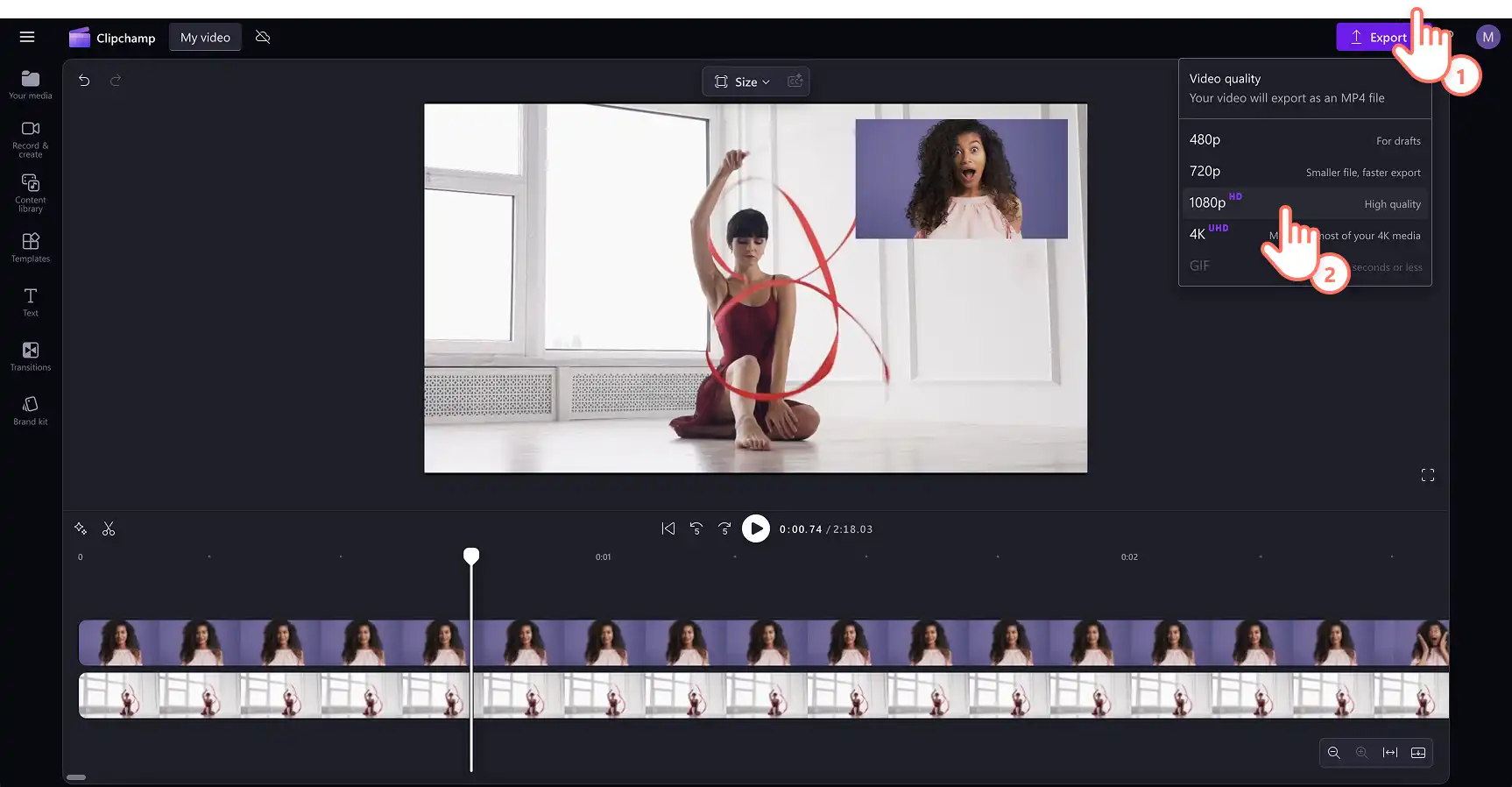 O imagine cu un utilizator care face clic pe butonul de export și selectează rezoluția video de 1080p. 