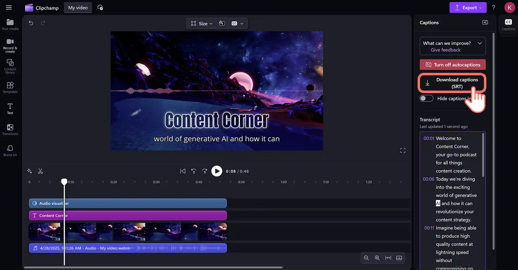 A user downloading the .SRT file for a podcast transcript in Clipchamp video editor.