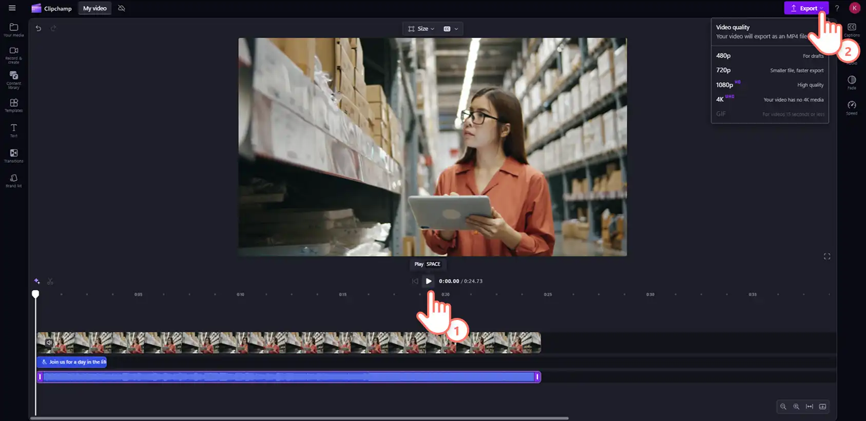 Пользователь экспортирует видео с замененным звуком в Clipchamp. 