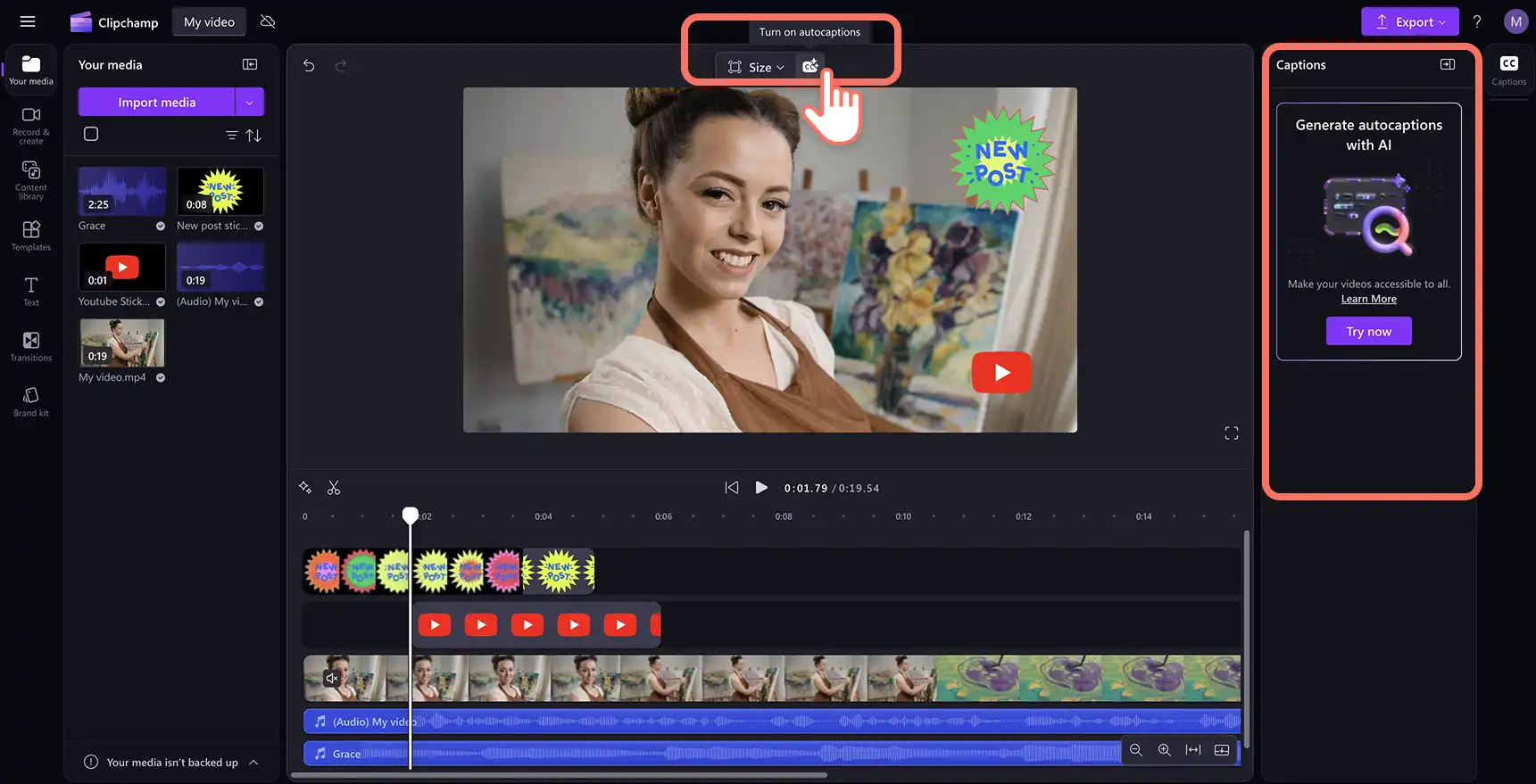 在 Clipchamp 中启用自动字幕