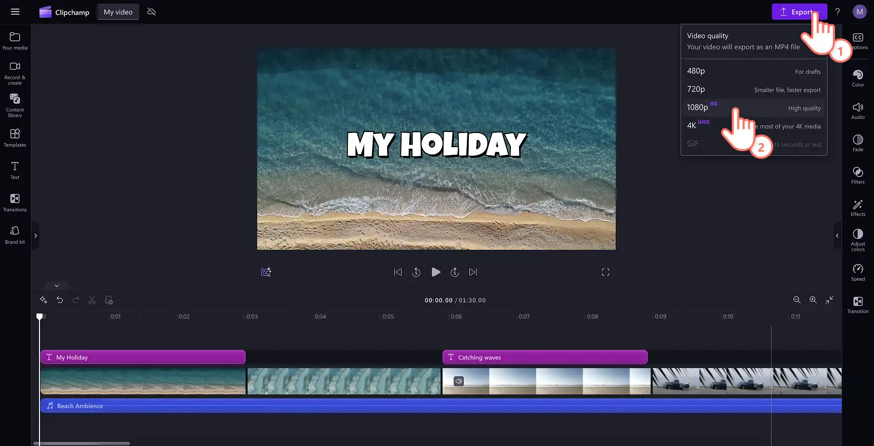 Et billede af en bruger, der gemmer en video i høj kvalitet i Clipchamp.