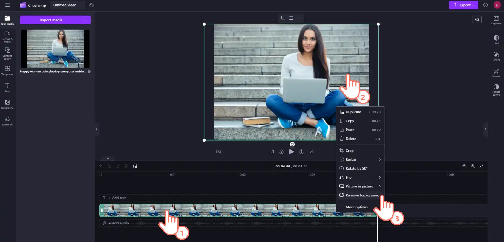 A user removing a background image in Clipchamp.