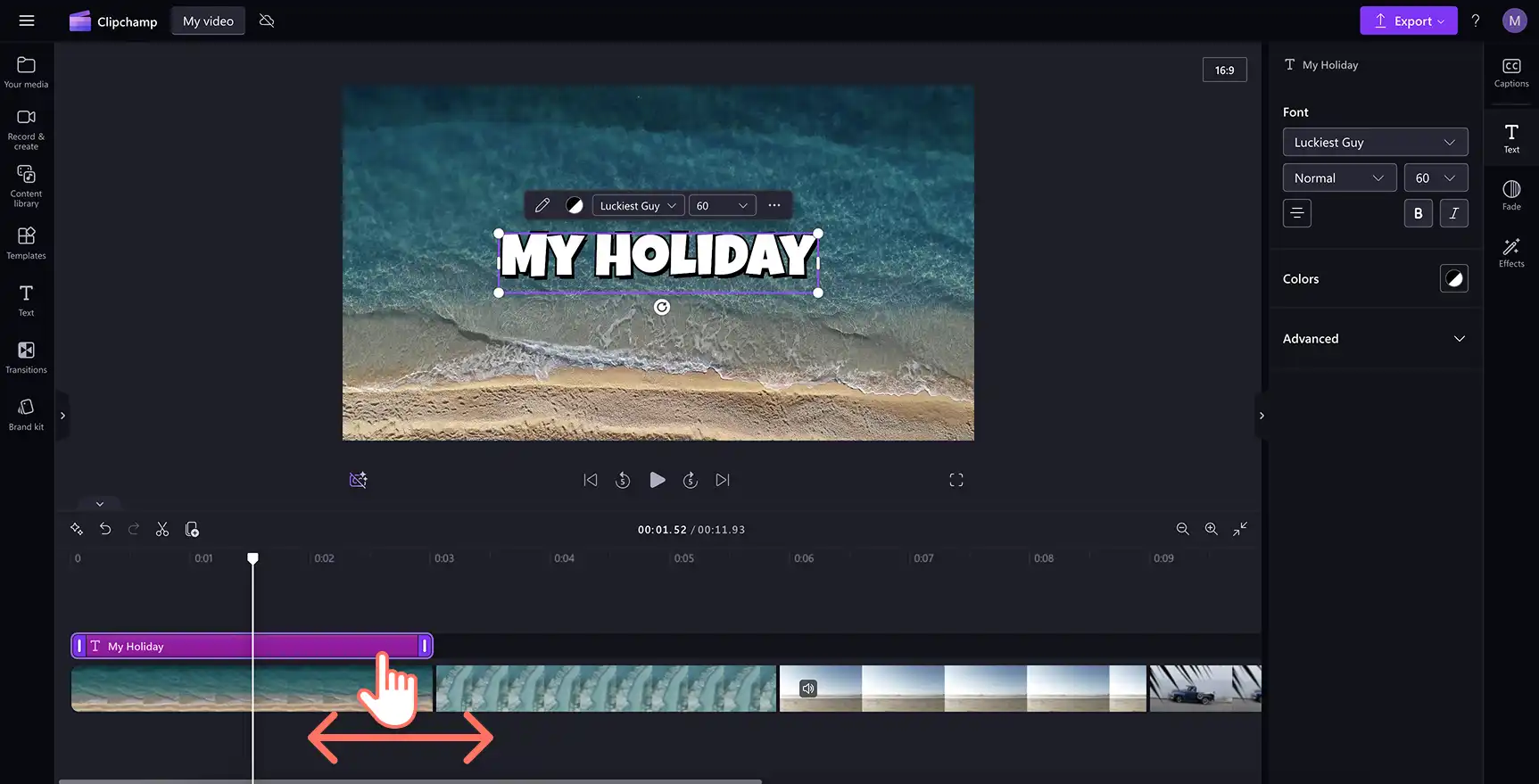 En bruger, der redigerer længden på teksten i Clipchamp.