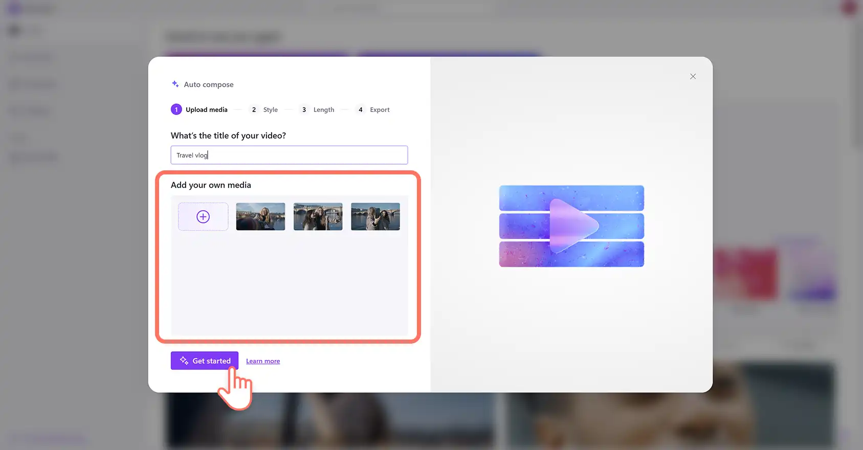 Użytkownik tworzący film za pomocą edytora wideo AI w usłudze Clipchamp. 