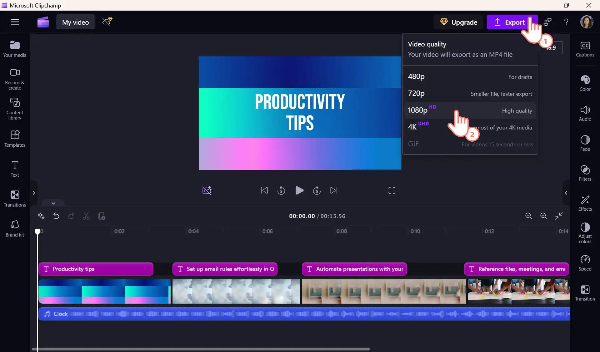 Un usuario guardando un vídeo creado en el editor de vídeo Clipchamp
