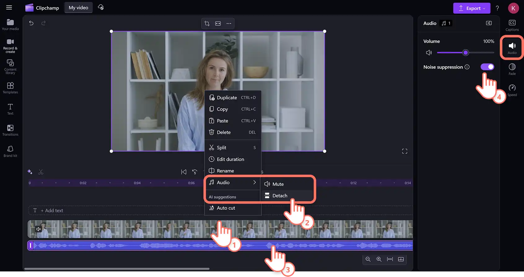 Un utilizator care detașează componenta audio și activează suprimarea zgomotelor pentru un fișier MOV în editorul video Clipchamp. 