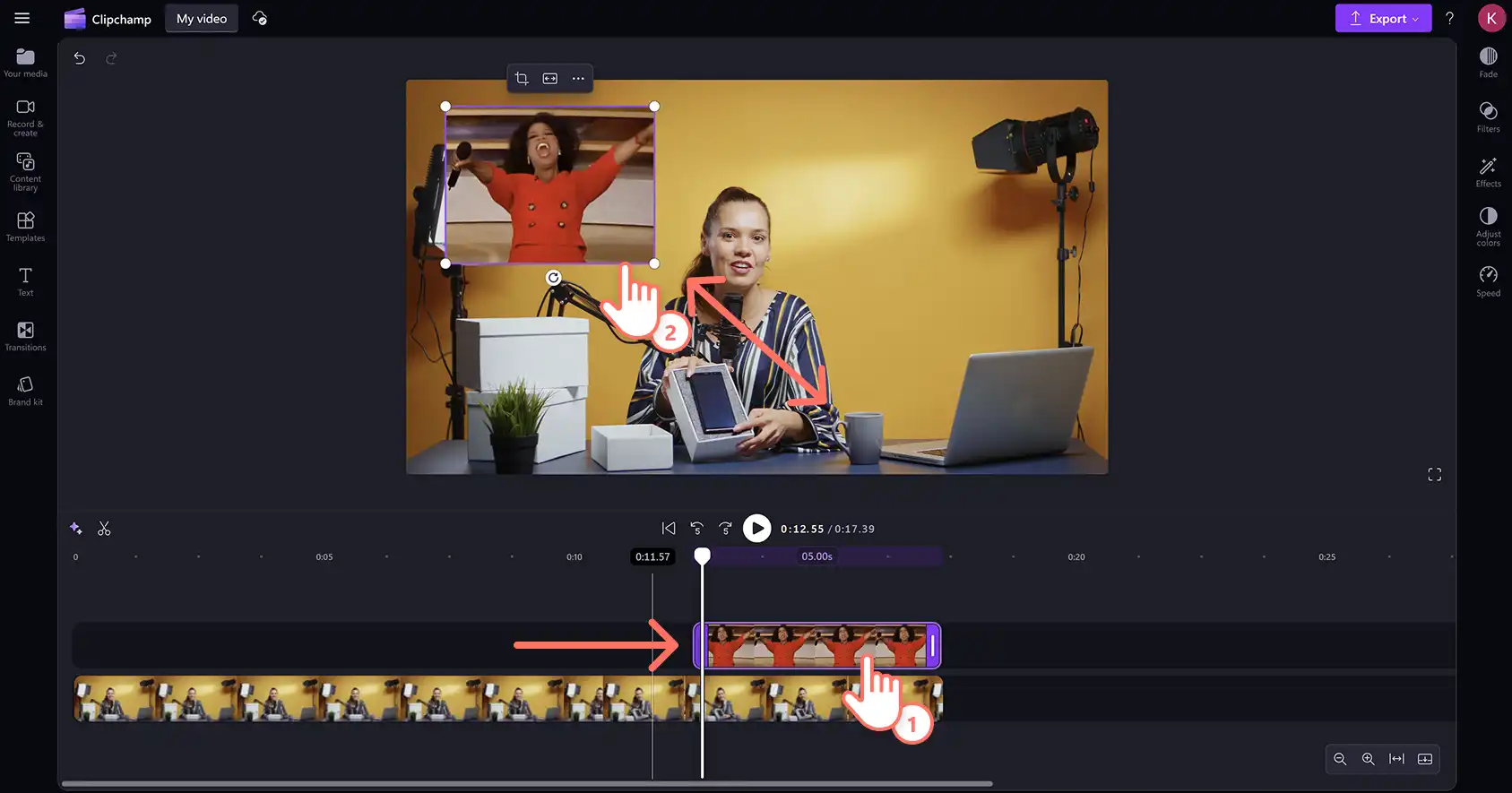 Käyttäjä siirtämässä GIF-kuvakerrosta toiseen paikkaan Clipchamp-videoeditorissa.