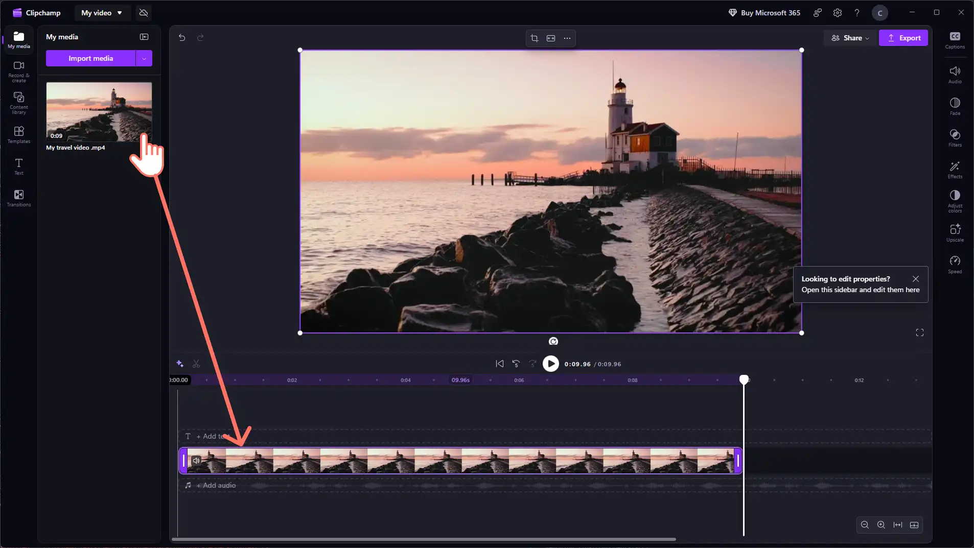 Windows 用 Clipchamp アプリのタイムラインに動画をドラッグ アンド ドロップする