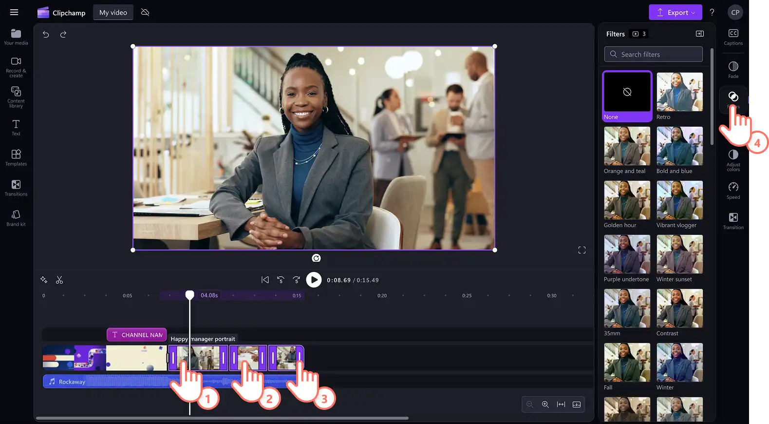 Pengguna menerapkan beberapa filter ke video.