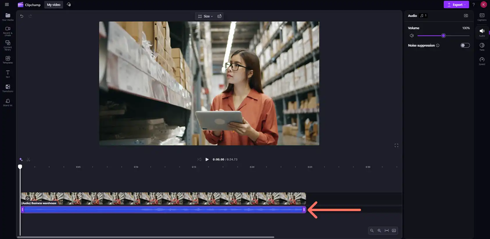 Аудиофайл, отделенный от видео в Clipchamp. 