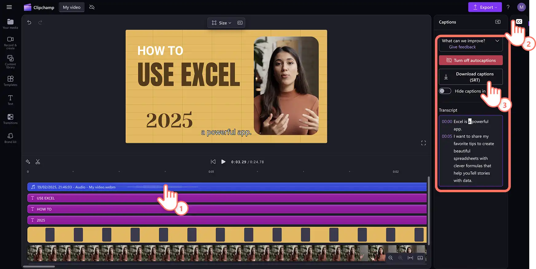 Usuario generando subtítulos desde el grabador de voz en Clipchamp