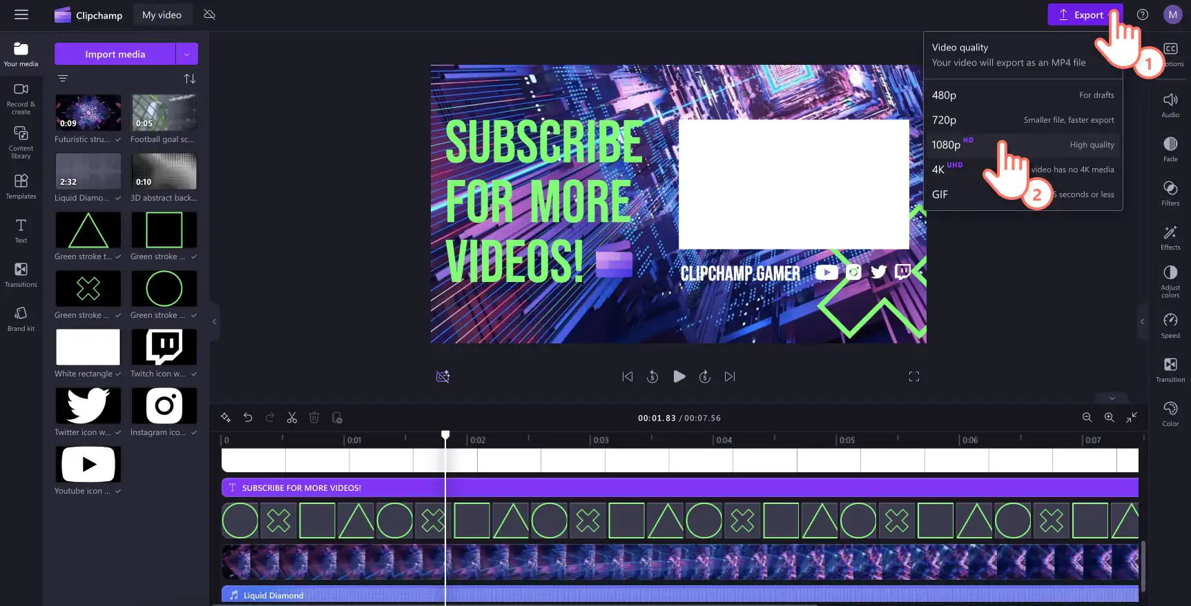 Ein Bild, das zeigt, wie ein Benutzer ein Video in hoher Qualität aus Clipchamp exportiert