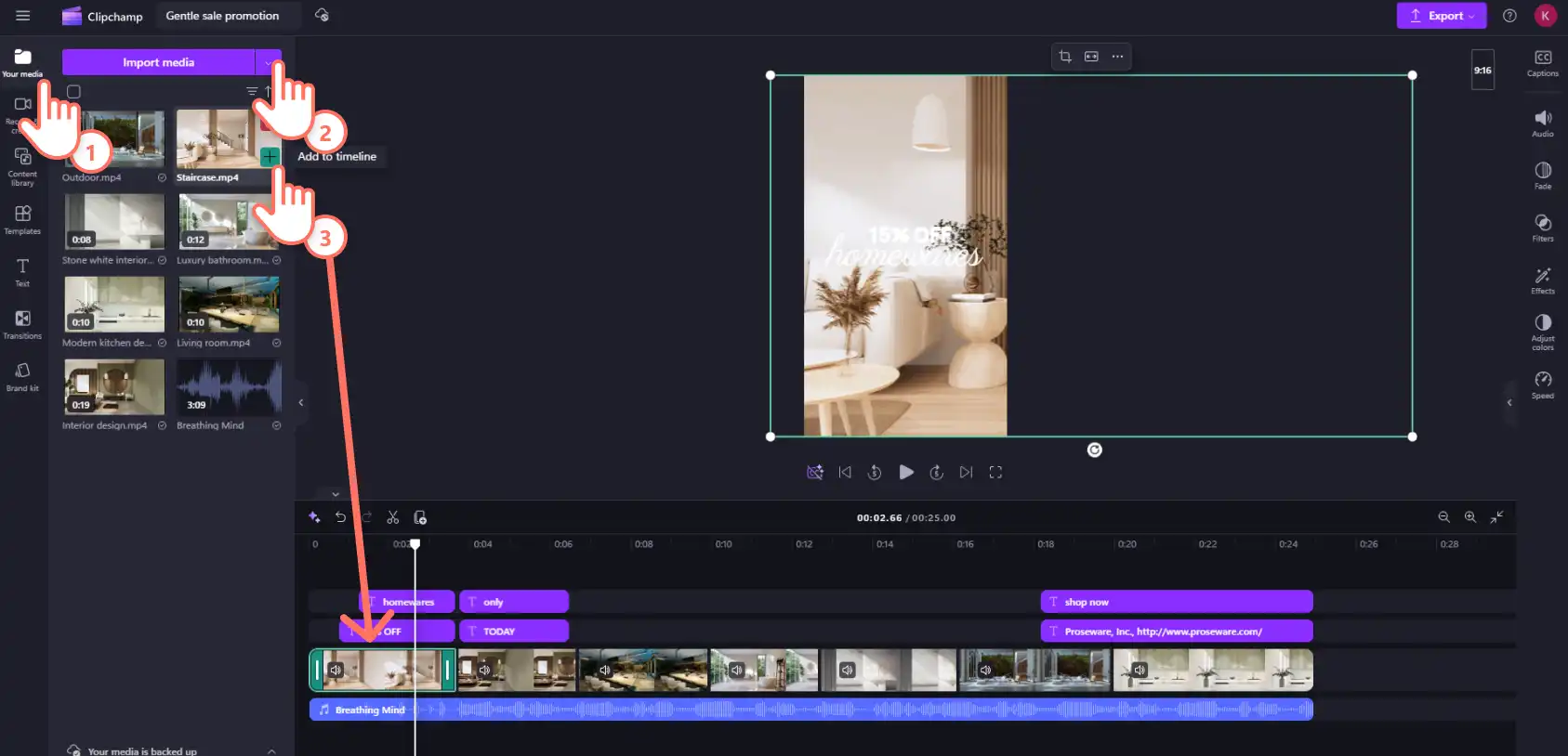 Ein Benutzer, der Stockmaterial in einer Instagram-Videoanzeigenvorlage in Clipchamp ersetzt. 