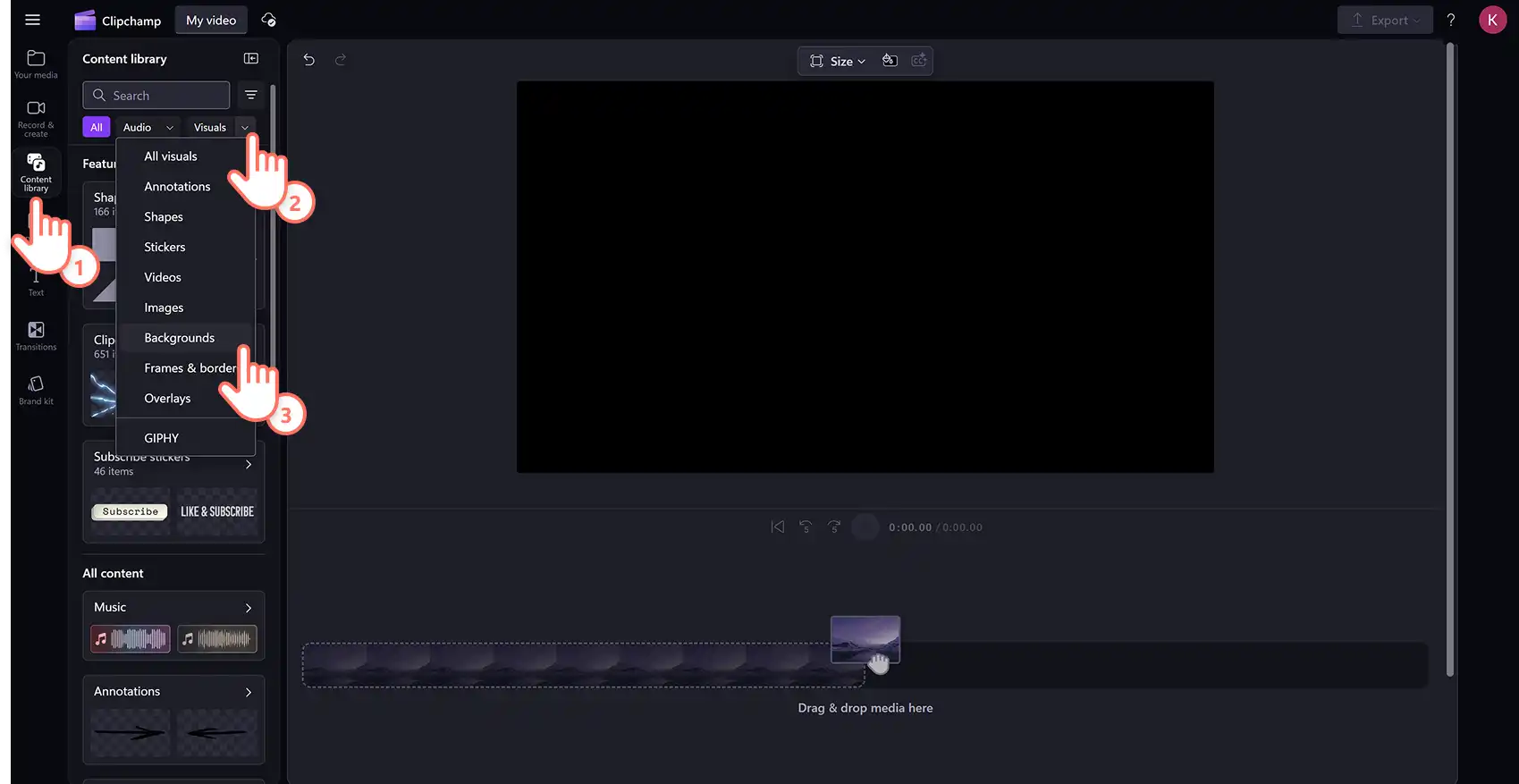 Một người dùng đang tìm kiếm video nền chuyên nghiệp trong trình chỉnh sửa video Clipchamp. 