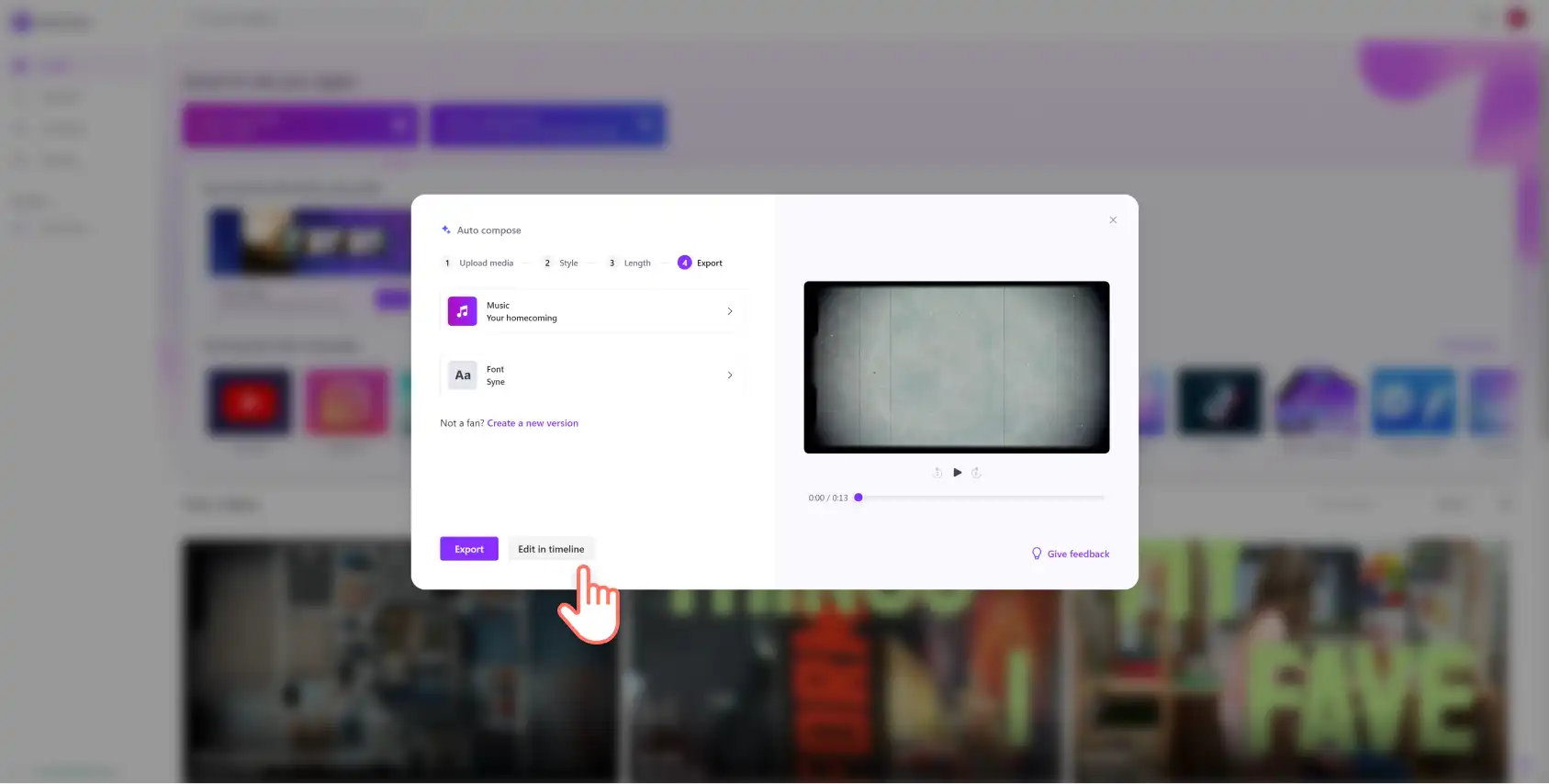 A screenshot of a Clipchamp user selecting to continue editing a video after using auto compose.