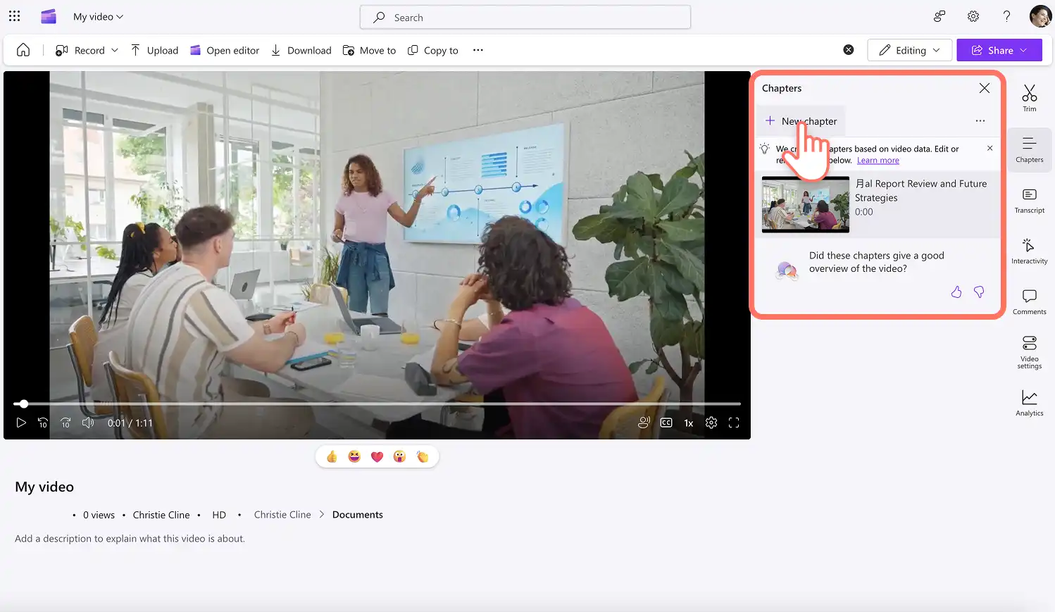 Пользователь добавляет главы в видео в Clipchamp.