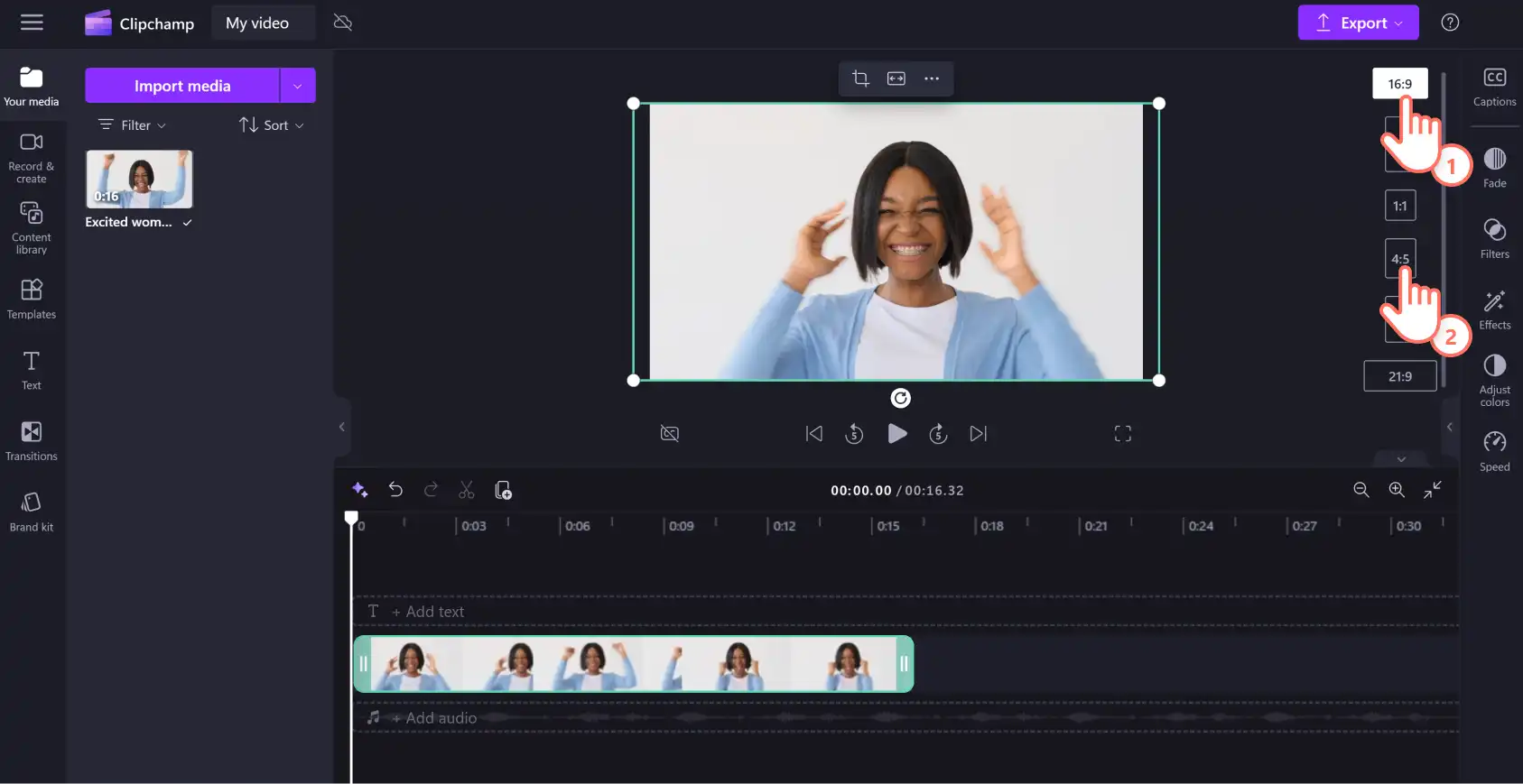 Image d’un utilisateur modifiant les proportions dans Clipchamp.
