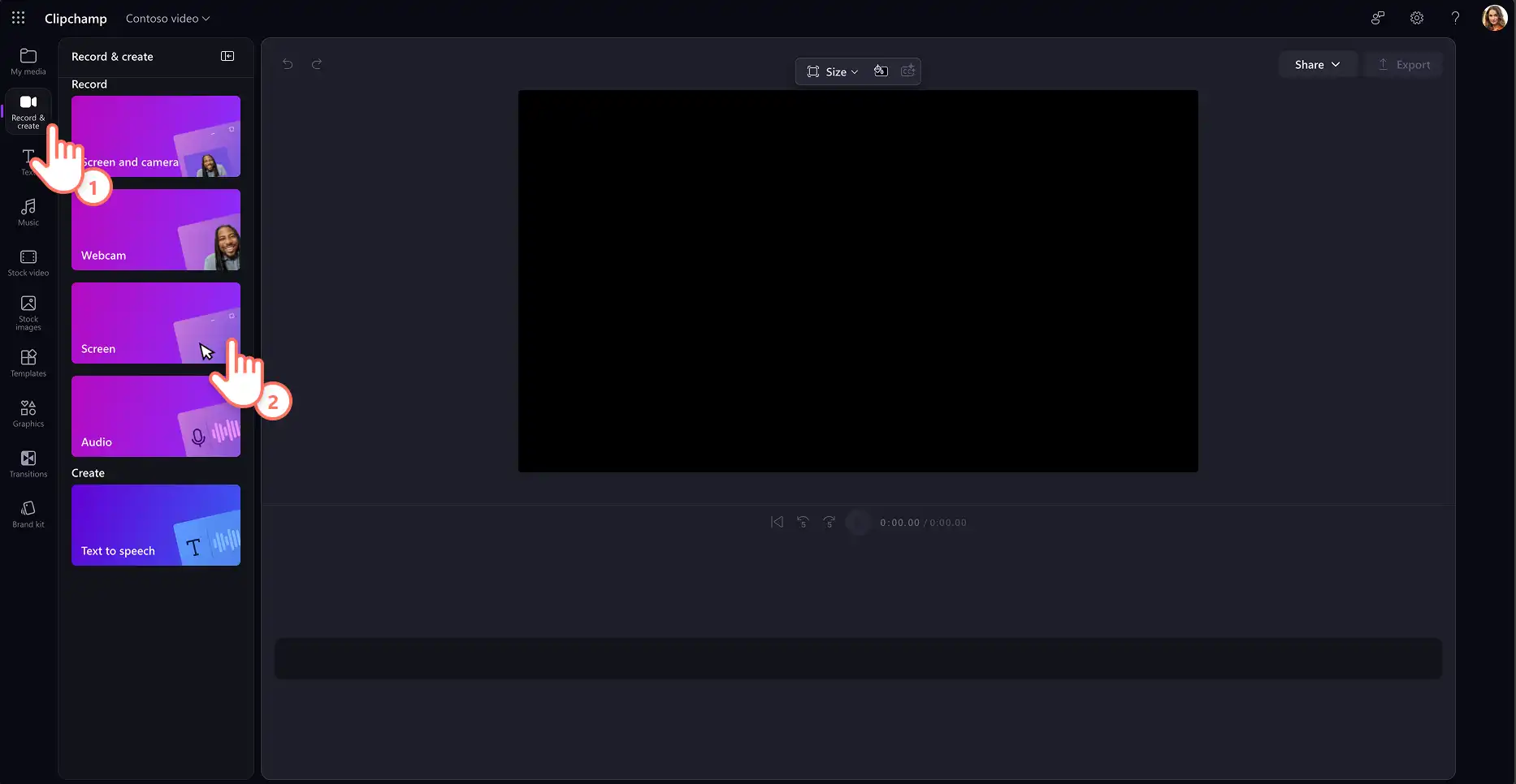 ผู้ใช้กำลังเลือกเครื่องมือการบันทึกหน้าจอใน Clipchamp สำหรับงาน